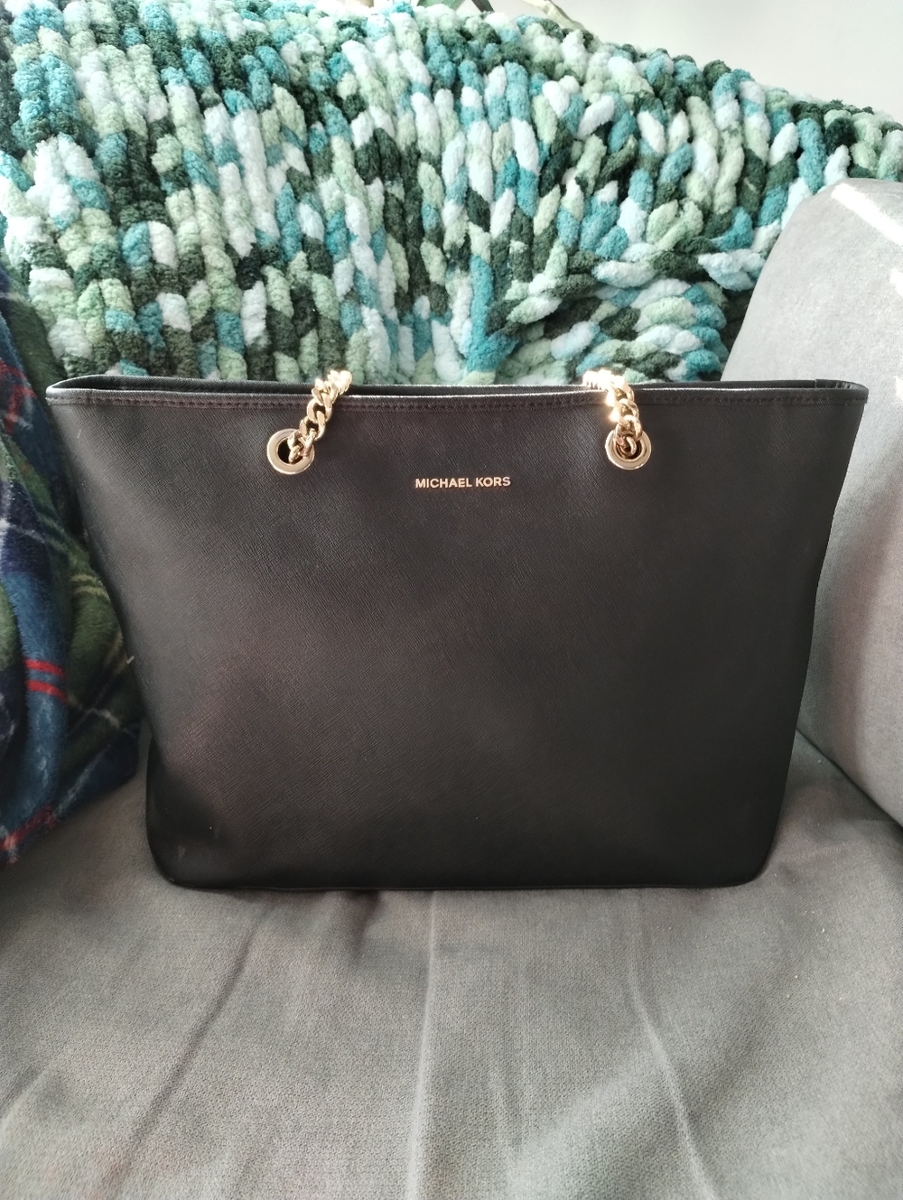 Michael Kors Black Saffiano Leather Tote with Gold Chain Handles - Picture 1 of 8